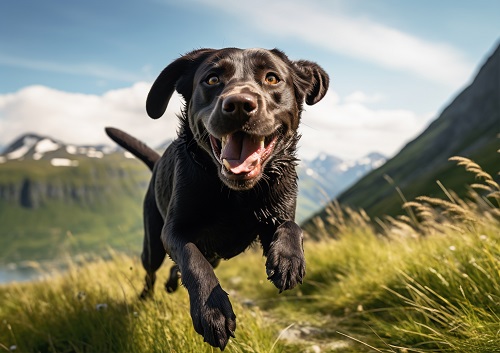 happy healthy dog running through field