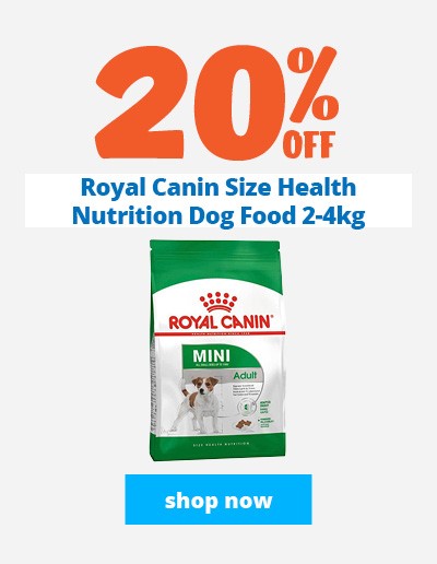 20% off royal canin size health dog foods (mini, medi, maxi, puppy)